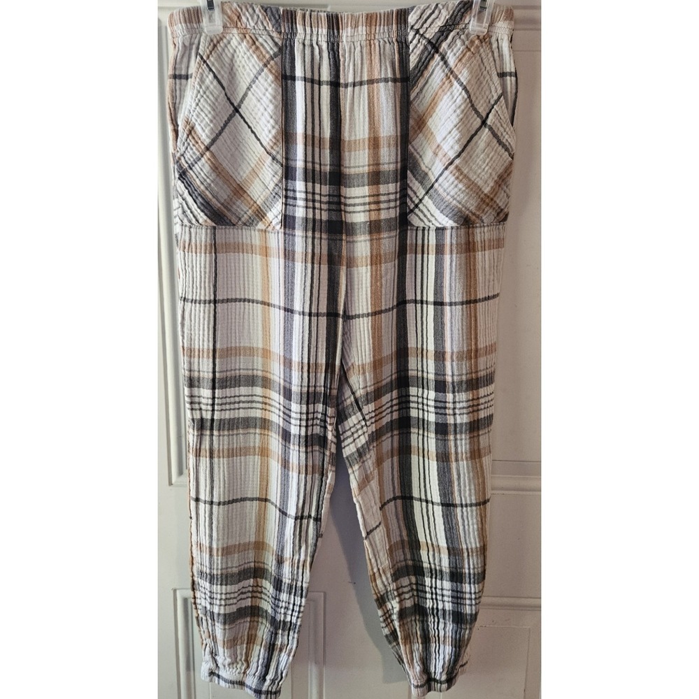 Aerie Plaid Jogger Lounge Pants Women's M/H Beige Neutral Gauze Pull On...